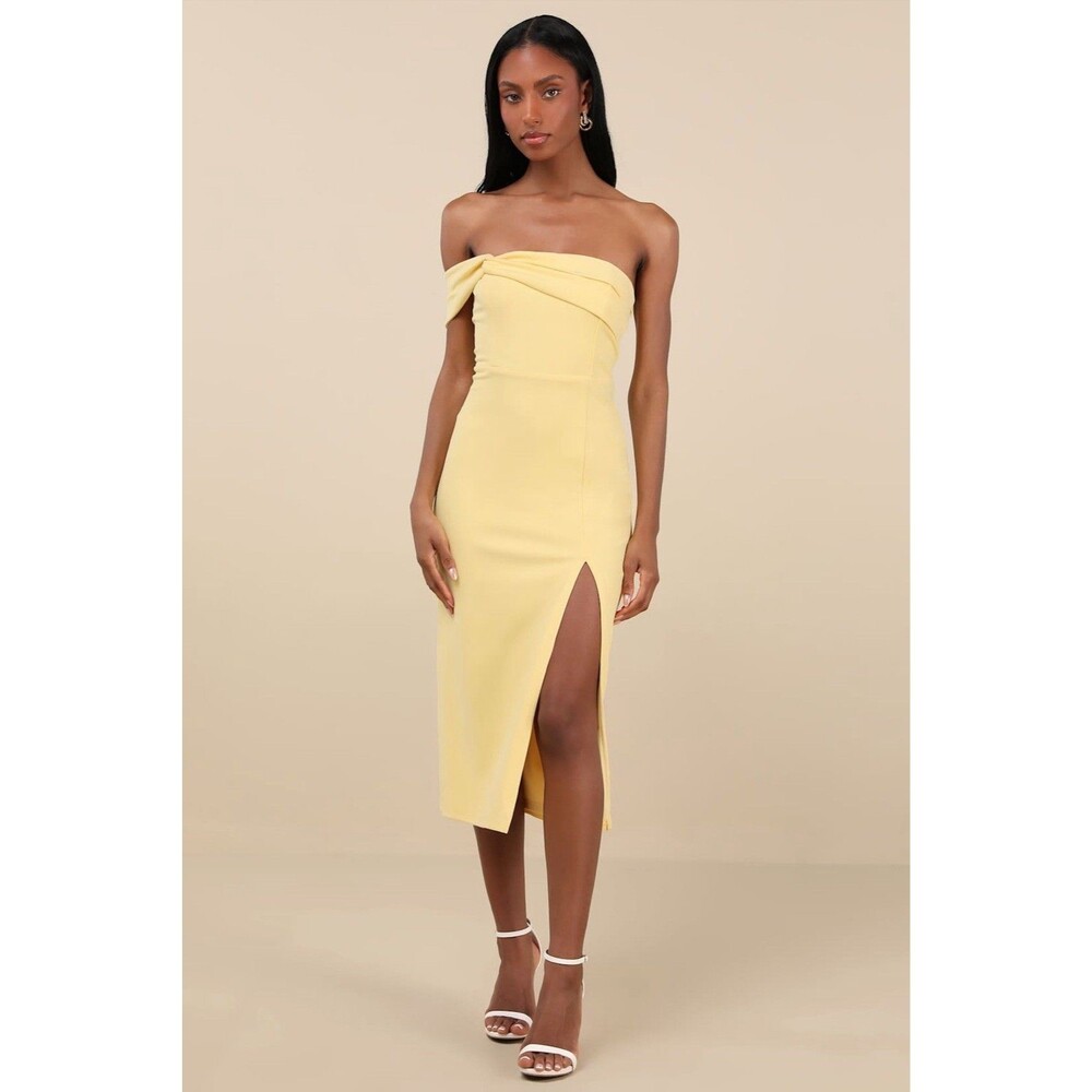 Lulu's Strapless Pale Yellow Midi Dress with Twist Bust and Thigh Slit